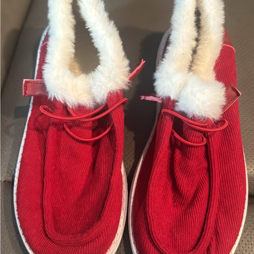 Red Corduroy Fur-Lined Loafers